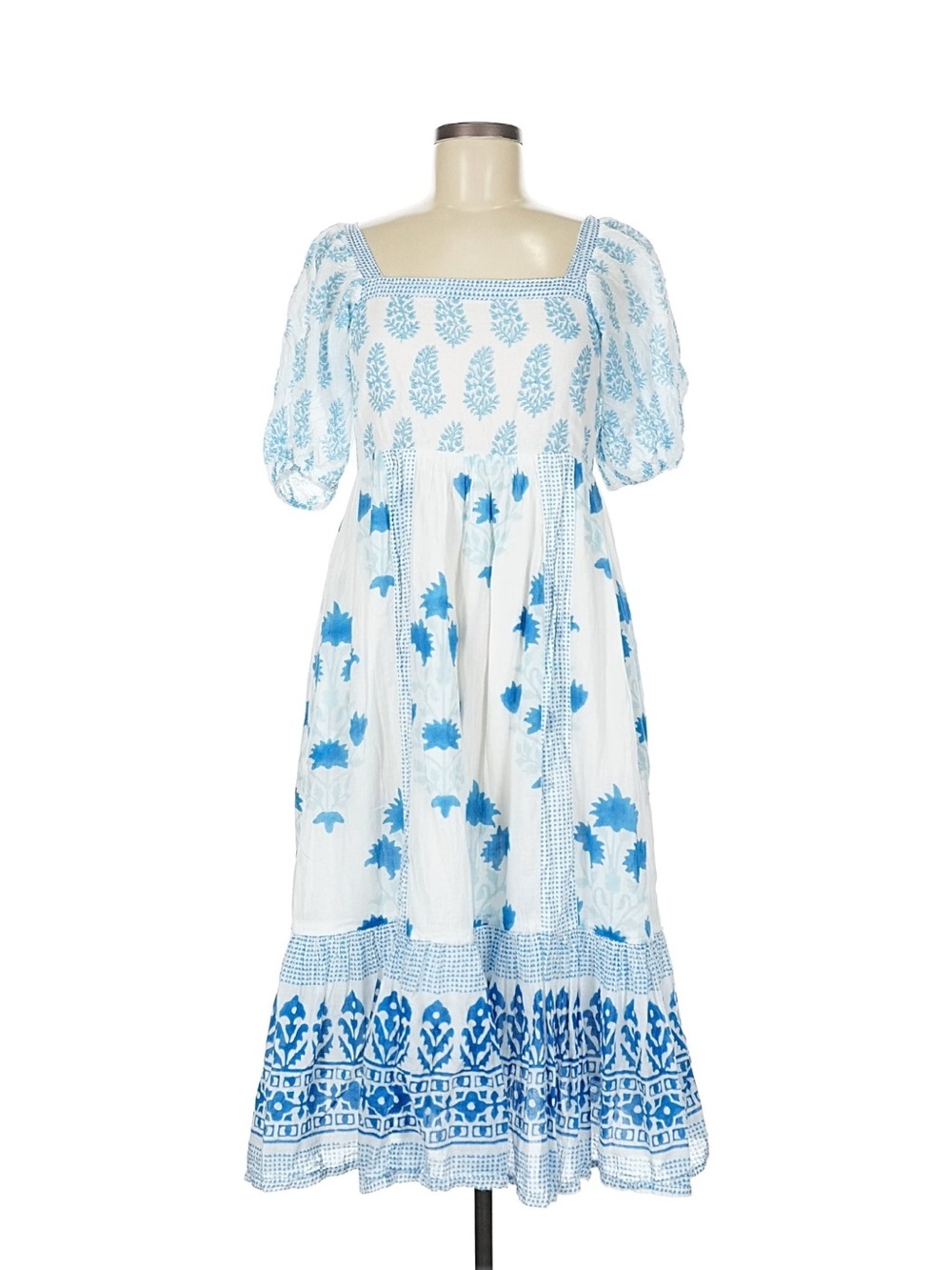 Oliphant Tuckernuck Blue White Block Print Puff Sleeve Midi Dress M